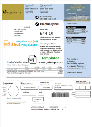 editable template, United Kingdom Electricity utility bill template in Word and PDF format