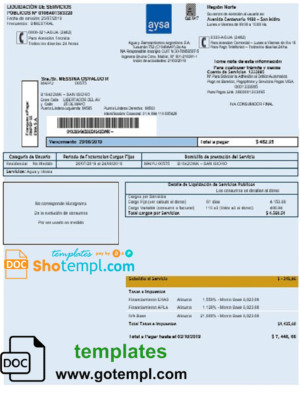 editable template, Argentina water utility bill template Aysa in Word and PDF format (.doc and .pdf)
