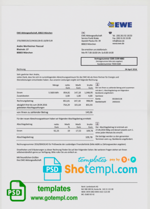 editable template, Germany EWE utility bill template, fully editable in PSD format