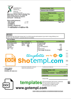 editable template, USA New Mexico electricity proof of address utility bill template in Word and PDF format
