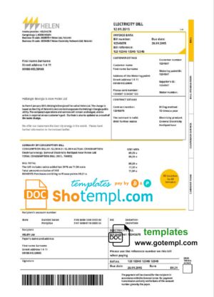 editable template, Finland HELEN utility bill template in Word and PDF format