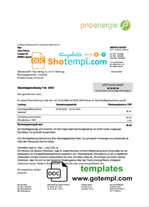 editable template, Germany Prioenergie proof of address utility bill template in Word and PDF format