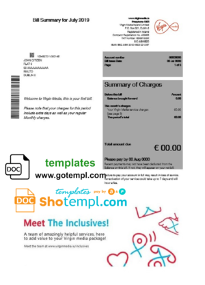 editable template, Ireland Virgin Media utility bill template in Word and PDF format, version 2