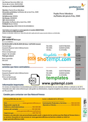 editable template, Spain gasNatural fenosa utility bill template in Word and PDF format
