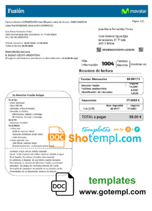 editable template, Spain Movistar Fusion telecom operator utility bill document in Word and PDF format
