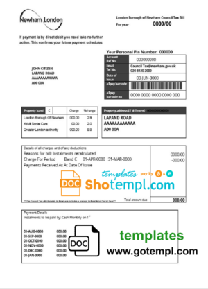 editable template, United Kingdom London of Borough of Newham council tax bill template in Word and PDF format