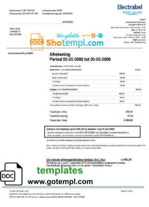 editable template, Belgium Electrabel electricity utility bill template, fully editable in Word and PDF format