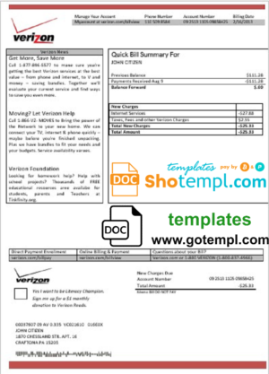 editable template, USA Verizon utility bill template in Word and PDF format