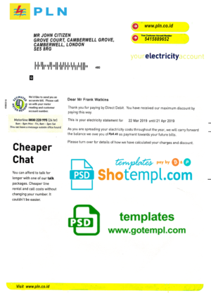 editable template, Indonesia PLN electricity utility bill template, fully editable in PSD format