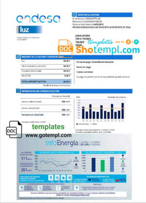 editable template, Spain Endesa luz utility bill template in Word and PDF format