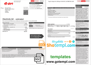 editable template, United Kingdom E.ON electricity utility bill template in Word and PDF format, 2 pages, version 1