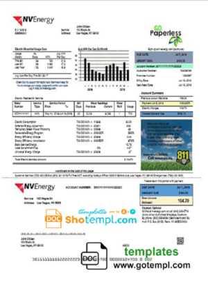 editable template, USA Nevada NV Energy utility bill template in Word and PDF format