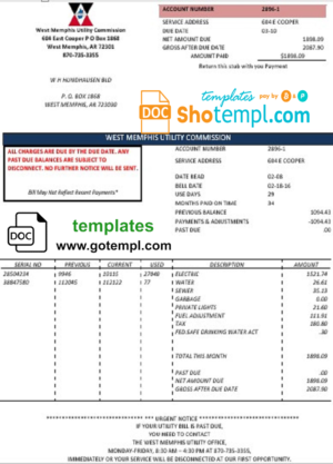 editable template, USA Arkansas West Memphis utility bill template in Word and PDF format