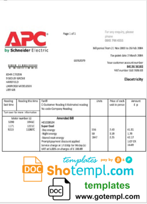 editable template, United Kingdom APC electricity utility bill template in Word and PDF format
