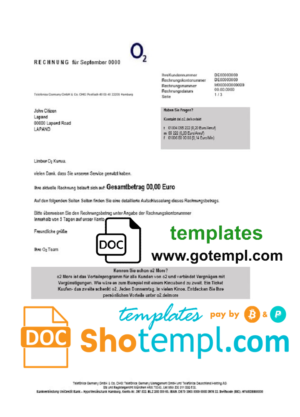 editable template, Germany RECHNUNG O2 utility bill template in Word and PDF format
