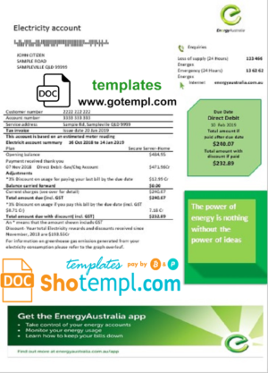 editable template, Australia Energy proof of address utility bill template in Word and PDF format
