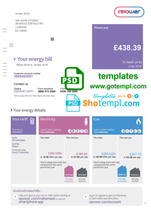 editable template, United Kingdom Npower utility bill template, fully editable in PSD format