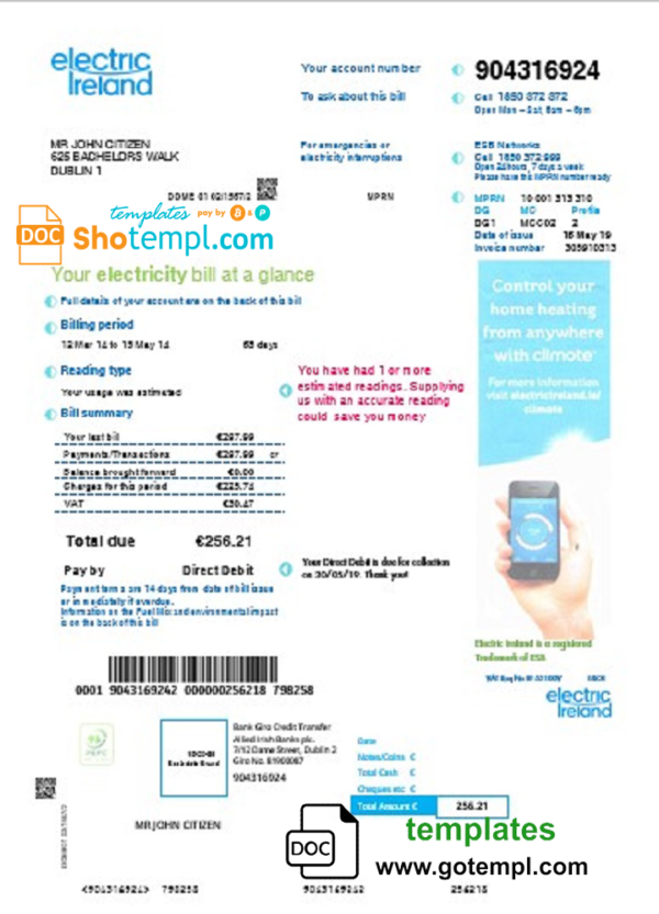 editable template, Ireland Electric Ireland utility bill template in Word and PDF format