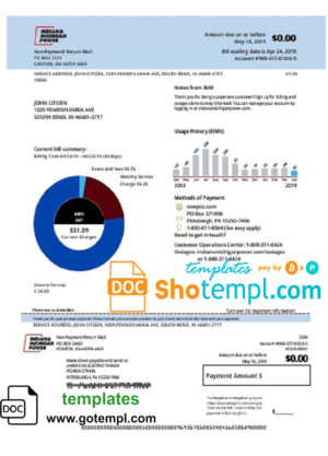 editable template, USA Indiana electricity utility bill template in Word and PDF format (.doc and .pdf)