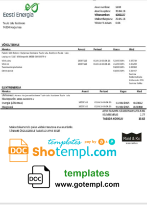 editable template, Estonia Eesti Energia electricity utility bill template in Word and PDF format