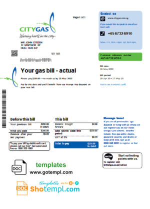 editable template, Singapore City Gas utility bill template in Word and PDF format
