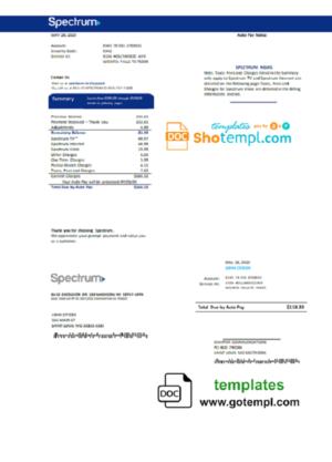 editable template, USA Spectrum utility bill template in Word and PDF format (.doc and .pdf)