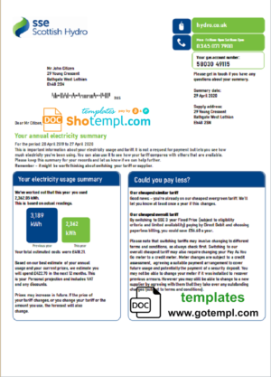 editable template, United Kingdom SSE Energy utility bill template in Word and PDF format, version 2