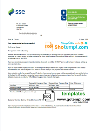 editable template, United Kingdom SSE Energy utility bill template in Word and PDF format, version 1