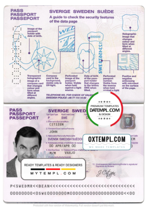editable template, Sweden passport template in PSD format, fully editable, with all fonts