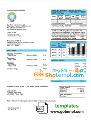 editable template, Nigeria Nigerian Electricity Regulatory Commission electricity utility bill template in Word and PDF format