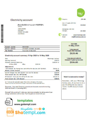editable template, Australia Tru Energy electricity utility bill template in Word and PDF format