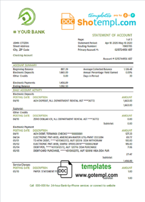 editable template, # green west universal bank multipurpose statement template in Word format