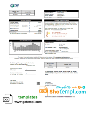 editable template, USA Texas TXU Energy utility bill template in Word and PDF format