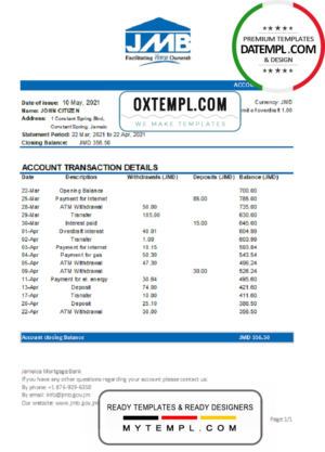 editable template, Jamaica Mortgage Bank statement easy to fill template in Excel and PDF format