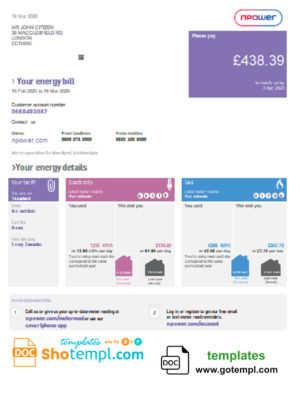 editable template, United Kingdom Npower utility bill template in Word and PDF format