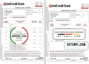 editable template, Romania UniCredit Bank statement template in Excel and PDF format (2 pages) in Romanian and English languages