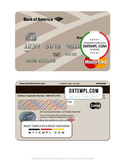 editable template, USA Bank of America bank MasterCard template in PSD format, fully editable