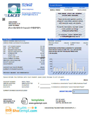 editable template, USA Washington City of Lacey water utility bill template in Word and PDF format (proof of address)