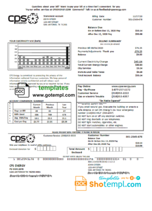 editable template, USA Texas CPS utility bill template in Word and PDF format