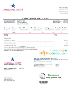 editable template, USA Georgia American Water utility bill template in Word and PDF format