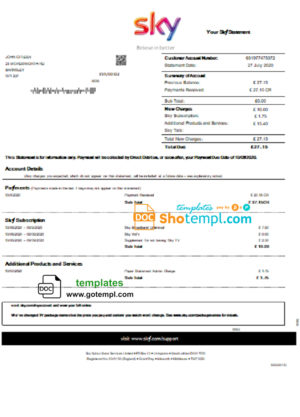 editable template, United Kingdom Sky utility bill statement template in Word and PDF format