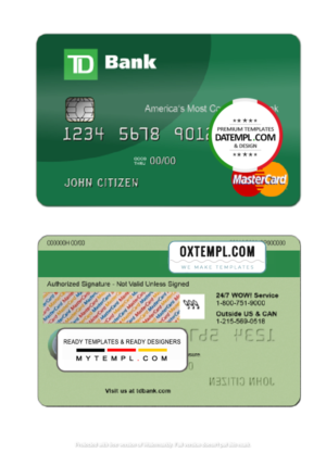 editable template, USA TD Bank MasterCard Card template in PSD format, fully editable