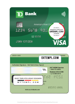 editable template, USA TD Bank Visa Debit Card template in PSD format, fully editable