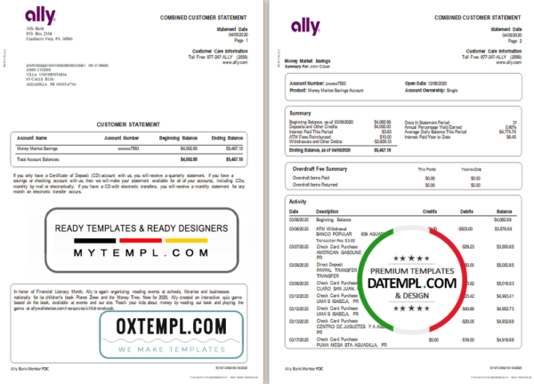 editable template, USA Ally Bank statement template in Excel and PDF format (4 pages)