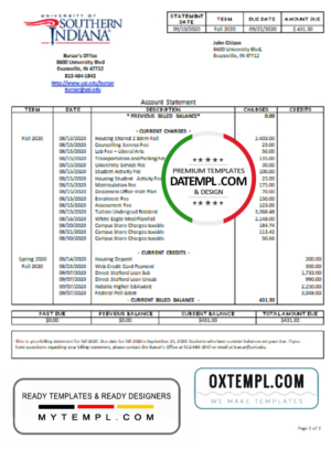 editable template, USA University of Southern Indiana account billing statement template in Word and PDF format