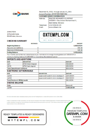 editable template, Morocco CIH Bank statement easy to fill template in Excel and PDF format