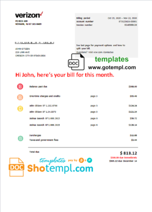 editable template, USA Verizon telecommunications utility bill template in Word and PDF format