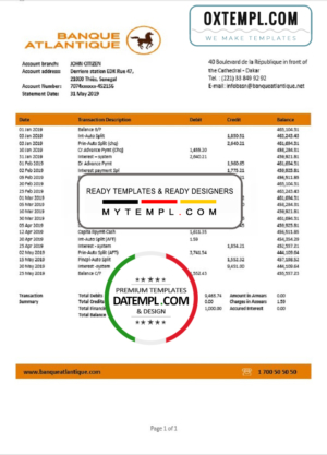 editable template, Senegal Banque Atlantique bank statement easy to fill template in Word and PDF format