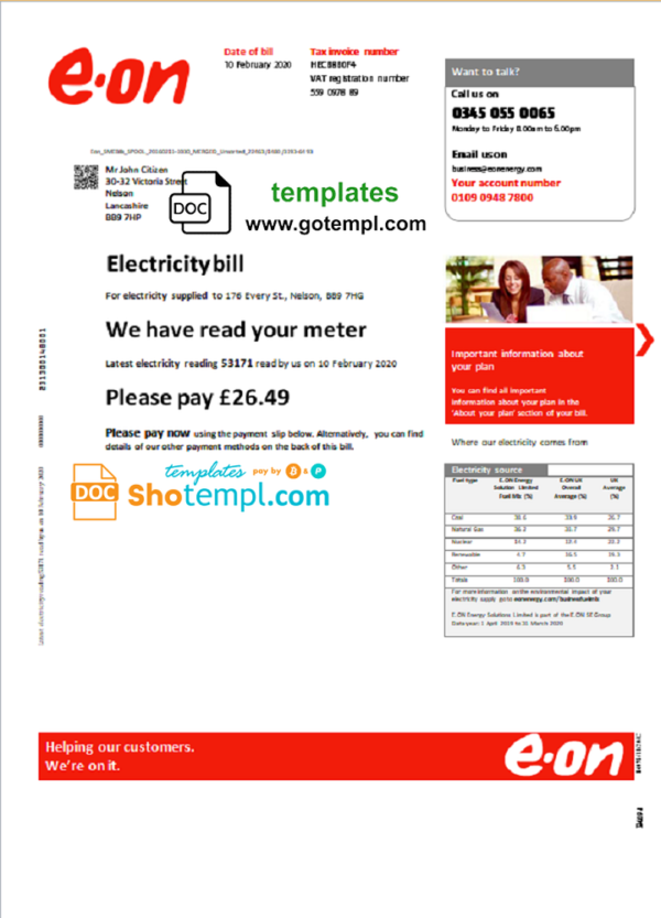 editable template, United Kingdom E.ON utility bill template in Word and PDF format, version 3