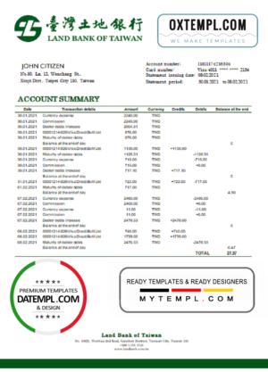 editable template, Taiwan Land Bank of Taiwan bank statement template in Word and PDF format, good for address prove